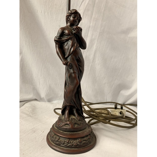 48 - A COMPOSITE TABLE LAMP IN THE FORM OF A GRECIAN STYLE LADY WITH PINK TINGED FLUTED SHADE