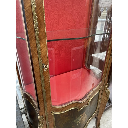 2003 - A LOUIS XVI STYLE WALNUT BOWFRONTED DISPLAY CABINET WITH PAINTED PANELS AND APPLIED GILT METAL DECOR... 