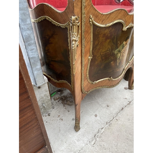 2003 - A LOUIS XVI STYLE WALNUT BOWFRONTED DISPLAY CABINET WITH PAINTED PANELS AND APPLIED GILT METAL DECOR... 