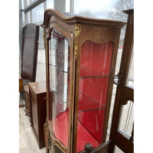 2003 - A LOUIS XVI STYLE WALNUT BOWFRONTED DISPLAY CABINET WITH PAINTED PANELS AND APPLIED GILT METAL DECOR... 