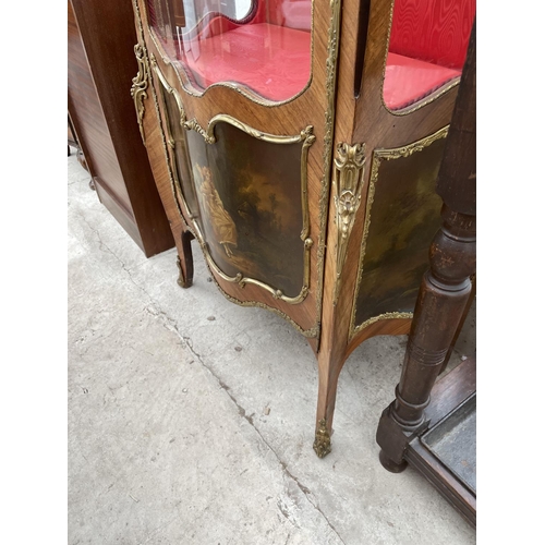 2003 - A LOUIS XVI STYLE WALNUT BOWFRONTED DISPLAY CABINET WITH PAINTED PANELS AND APPLIED GILT METAL DECOR... 