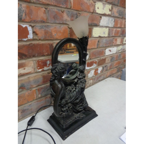 297 - A VINTAGE COMPOSITE LAMP BASE IN THE FORM OF A MOTHER AND CHILD AND INCORPORATING AN OVAL MIRROR H:5... 