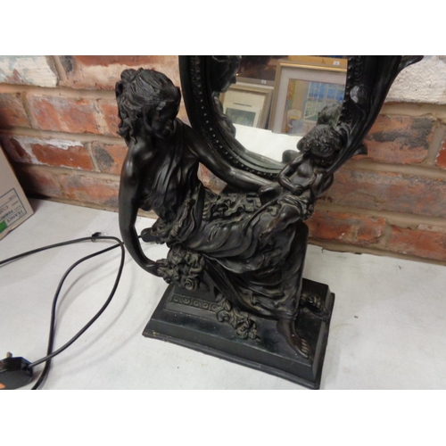 297 - A VINTAGE COMPOSITE LAMP BASE IN THE FORM OF A MOTHER AND CHILD AND INCORPORATING AN OVAL MIRROR H:5... 