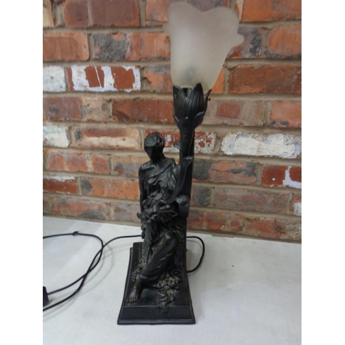 297 - A VINTAGE COMPOSITE LAMP BASE IN THE FORM OF A MOTHER AND CHILD AND INCORPORATING AN OVAL MIRROR H:5... 