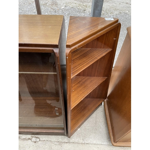 2047 - A RETRO TEAK BOOKCASE WITH GLASS SLIDING DOORS AND RECIPROCAL CORNER UNIT