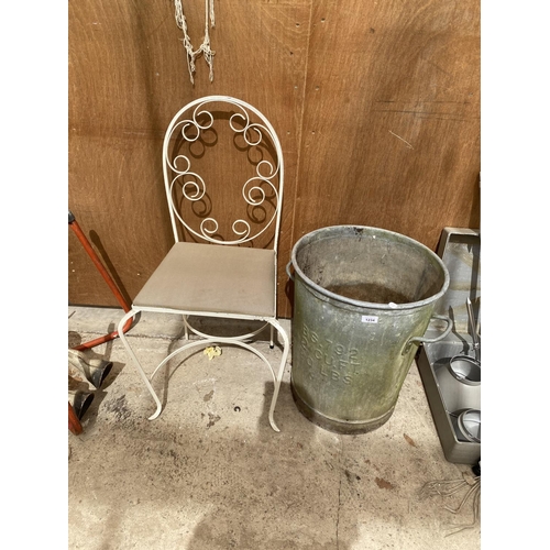 1234 - A GALVANISED GARDEN BIN AND A FURTHER DECORATIVE CHAIR