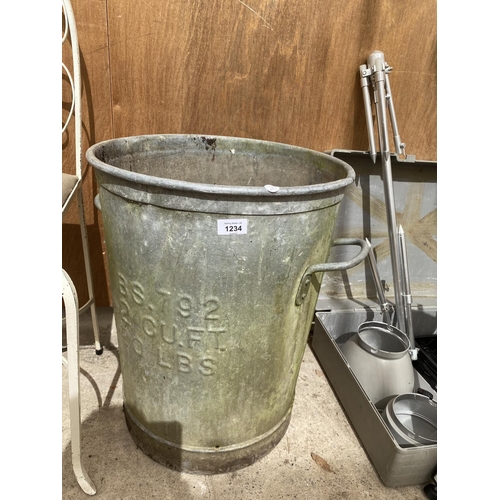 1234 - A GALVANISED GARDEN BIN AND A FURTHER DECORATIVE CHAIR