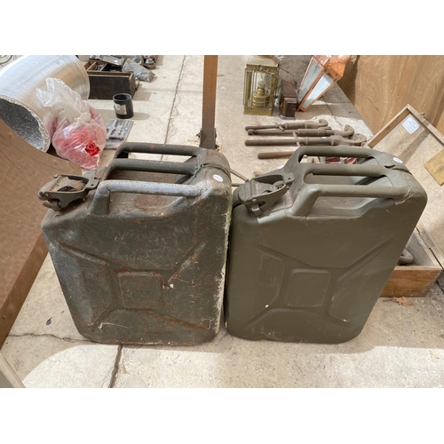 1237 - TWO VINTAGE JERRY CANS AND A VINTAGE LAWN MOWER