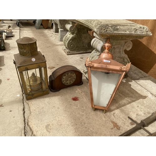 1240A - AN ASSORTMENT OF ITEMS TO INCLUDE A VINTAGE OIL LANTERN, A DECORATIVE LIGHT FITTING AND A CLOCK