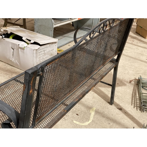 1263 - A BLACK PAINTED ALUMINIUM GARDEN BENCH WITH MESH BACK AND SEAT