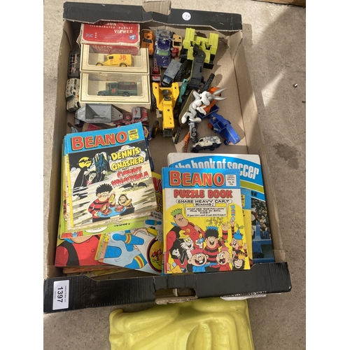 1397 - AN ASSORTMENT OF TOYS TO INCLUDE BEANO COMICS, AND DIE CAST VEHICLES