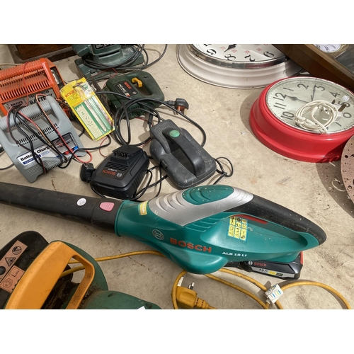 1430 - AN ASSORTMENT OF POWER TOOLS TO INCLUDE A HEDGE CUTTER, A LEAF BLOWER AND A SANDER ETC