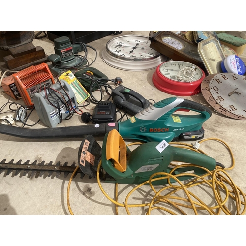 1430 - AN ASSORTMENT OF POWER TOOLS TO INCLUDE A HEDGE CUTTER, A LEAF BLOWER AND A SANDER ETC