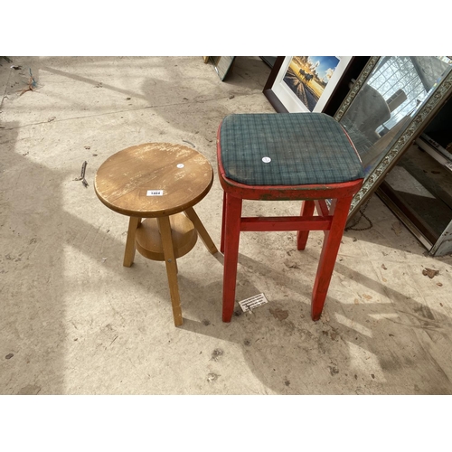 1464 - A HEIGHT ADJUSTABLE STOOL AND A FURTHER WOODEN STOOL