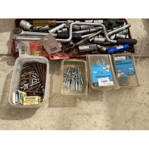 1484 - AN ASSORTMENT OF HARDWARE ITEMS TO INCLUDE SOCKET SET, COPPER PIPE FITTINGS AND BOLTS ETC