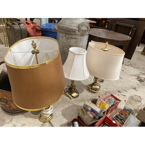 1485 - THREE GILT TABLE LAMPS AND A COPPER COAL BUCKET