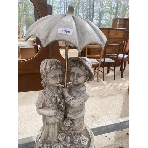 1500 - A WATER FEATURE BASE, A DUCK AND A STATUE OF TWO CHILDREN UNDER AN UMBRELLA