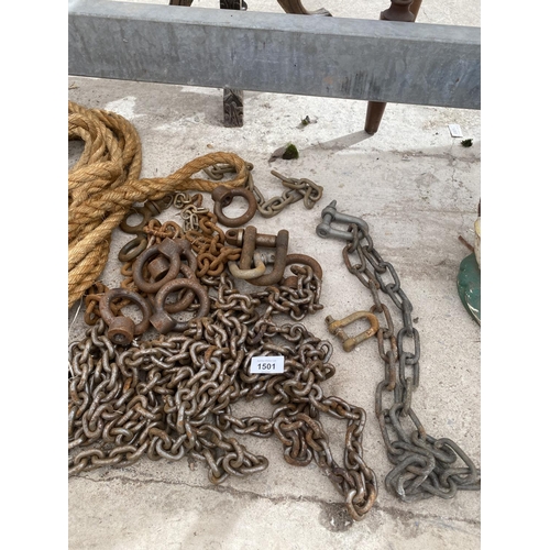 1501 - A QUANTITY OF ROPE AND CHAIN WITH D LINKS