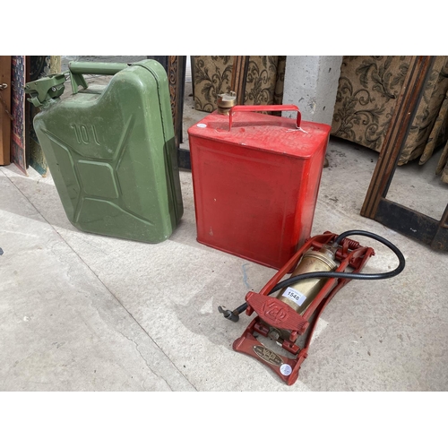 1548 - A VINTAGE W&D FOOT PUMP, A VINTAGE FUEL CAN WITH BRASS CAP AND A FURTHER SMALL JERRY CAN