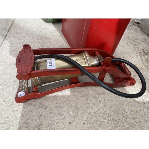 1548 - A VINTAGE W&D FOOT PUMP, A VINTAGE FUEL CAN WITH BRASS CAP AND A FURTHER SMALL JERRY CAN