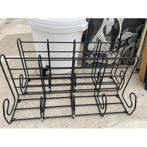 1558 - A PLASTIC WATER BUTT AND TWO METAL COAT RACKS