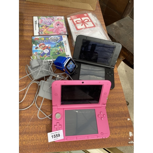 1559 - TWO NINTENDO 3DS XL, NINTENDO DS GAMES AND A VTECH WATCH