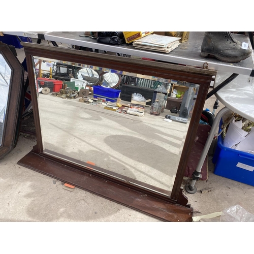 1568 - A WOODEN FRAMED BEVELED EDGE OVER MANTEL MIRROR