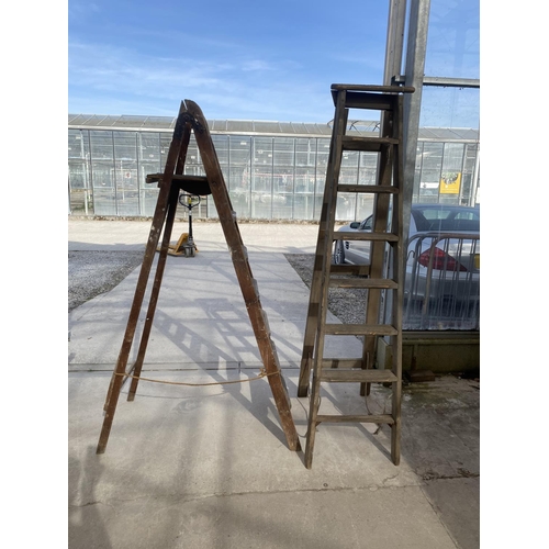 1571 - A VINTAGE 6 RUNG WOODEN STEP LADDER AND A FURTHER 7 RUNG WOODEN STEP LADDER