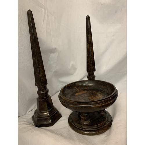 108 - TWO METAL OBELISKS H:44CM AND A VINTAGE TREEN BOWL ON LEGS