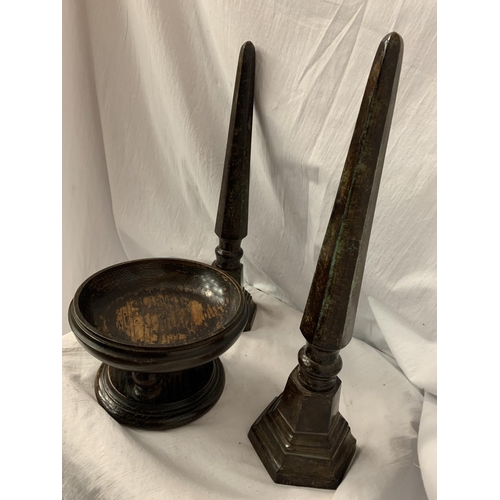 108 - TWO METAL OBELISKS H:44CM AND A VINTAGE TREEN BOWL ON LEGS