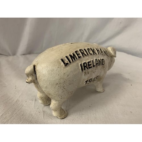 109 - A CAST METAL 'LIMERICK IRELAND' BUTCHER'S PIG MONEYBOX