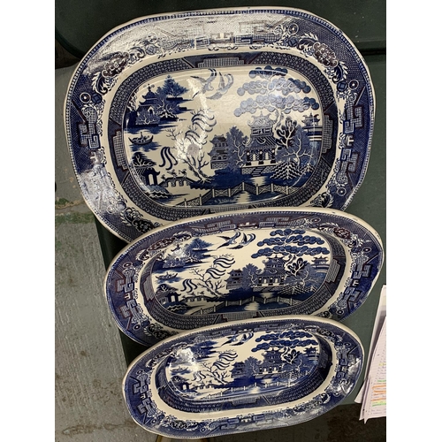 118 - THREE VERY LARGE WILLOW PATTERN MEAT PLATTERS