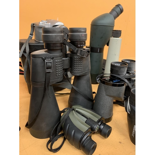 123 - FIVE PAIRS OF BINOCCULARS ONE BEING A VINTAGE LEATHERED EXAMPLE, A VINTAGE NETTAR CAMERA, A PANASONI... 