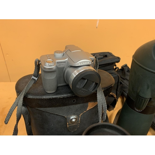 123 - FIVE PAIRS OF BINOCCULARS ONE BEING A VINTAGE LEATHERED EXAMPLE, A VINTAGE NETTAR CAMERA, A PANASONI... 