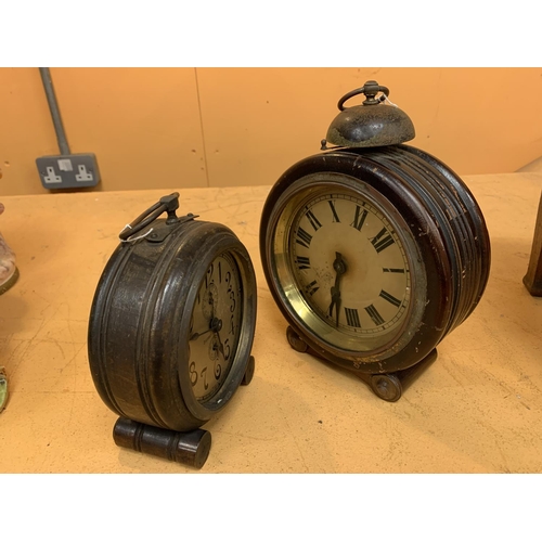 130 - TWO VINTAGE MAHOGANY FLUTED DRUM CASE ALARM CLOCKS, ONE LARGE ONE SMALLER