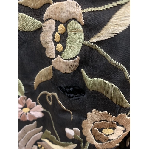 133 - A LARGE SILK EMBROIDERED BLACK TASSELLED SHAWL A/F