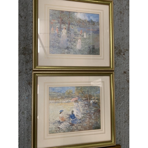 144 - A PAIR OF GILT FRAMED SEURAT STYLE PRINTS TO ALSO INCLUDE A GILT FRAMED PRINT IN THE FORM OF THREE W... 