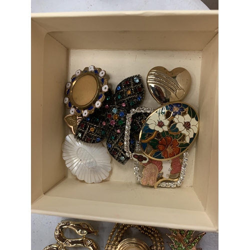 224 - A SMALL BOX OF COSTUME BROOCHES