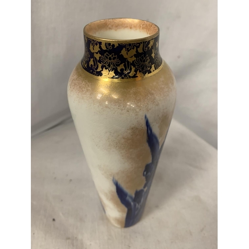 232 - A ROYAL DOULTON VASE WITH BLUE GLADIOLI DECORATION H: 21.5CM