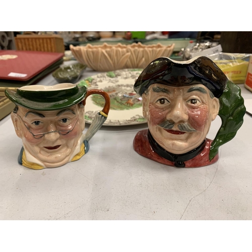 243 - A SYLVAC BOWL, TWO SYLVAC CHARACTER JUGS, A SADLER CUCUMBER DISH AND A PAIR OF COPELAND SPODE PLATES