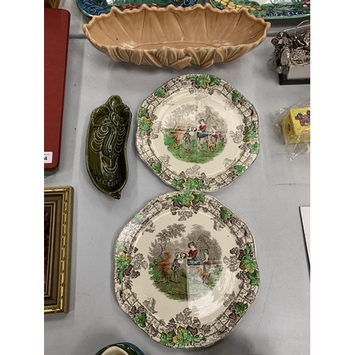 243 - A SYLVAC BOWL, TWO SYLVAC CHARACTER JUGS, A SADLER CUCUMBER DISH AND A PAIR OF COPELAND SPODE PLATES