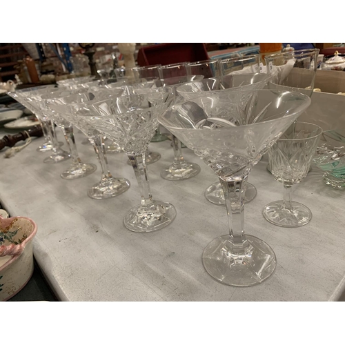 251 - TWELVE CUT GLASS CHAMPAGNE COUPE GLASSES, SIX PALE GREEN TINGED WINE GLASSES AND TO ALSO INCLUDE A S... 