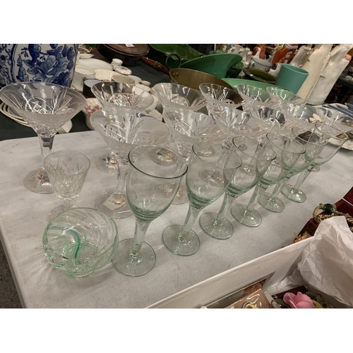 251 - TWELVE CUT GLASS CHAMPAGNE COUPE GLASSES, SIX PALE GREEN TINGED WINE GLASSES AND TO ALSO INCLUDE A S... 