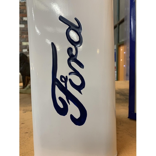 386 - A WHITE FORD MUSTANG PETROL CAN WITH BRASS LID