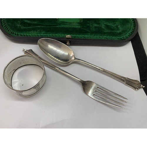 524 - HALLMARKED SHEFFILED 1897 SILVER ITEMS TO INLCUDE A SPOON, FORK AND NAPKIN RING GROSS WEIGHT 67g