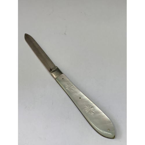 527 - A SILVER FRUIT KNIFE WITH MOTHER OF PEARL HANDLE