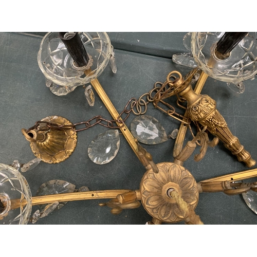 73 - A VINTAGE SIX BRANCH FRENCH (MONTELLIMAR) CHANDELIER LIGHT FITTING WITH CUT GLASS DROPLETS