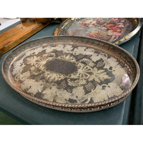 84 - A SILVER PLATED VINERS OF SHEFFIELD SMALL BUTLER'S TRAY AND A LARGER FLORAL DECORATED TIN METAL EXAM... 