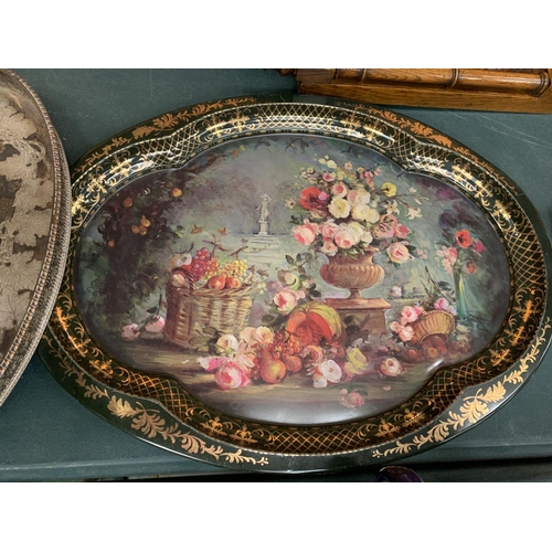 84 - A SILVER PLATED VINERS OF SHEFFIELD SMALL BUTLER'S TRAY AND A LARGER FLORAL DECORATED TIN METAL EXAM... 