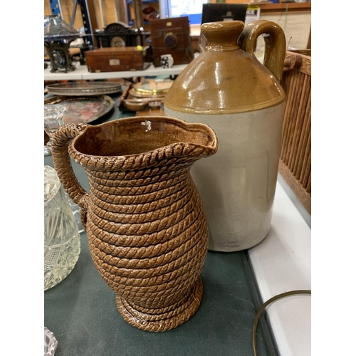 96 - A LARGE EARTHENWARE FLAGON, A GOVENCROFT OF GLASGOW JUG WITH ROPE DESIGN, A GLAZED VINTAGE POT AND A... 